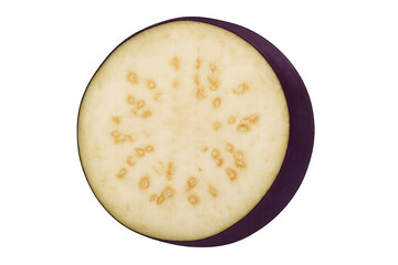 Eggplant slice showing fresh raw vegetable for healthy cooking ingredient with seeds, isolated on transparent background