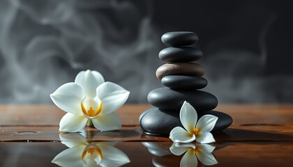 White frangipani flower and orchid on zen spa stones for balance, health, and relaxation therapy
