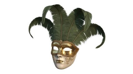 Ornate Venetian carnival mask with golden accents, a cream lower face, and dramatic dark green feathers, embodying festive elegance and mystery. background removed