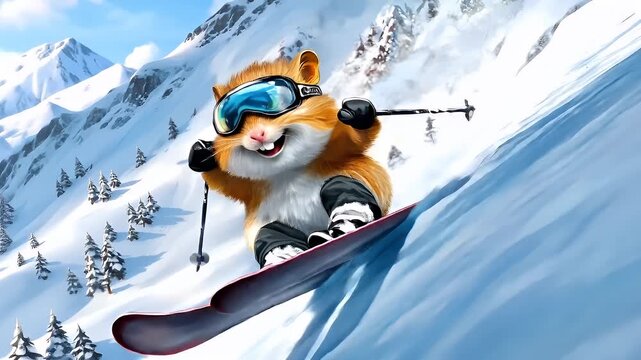 A vivid illustration of a squirrel skiing downhill on a snowy mountain slope. The squirrel is depicted in a dynamic pose, with its front paws gripping the ski poles and its tail trailing behind.