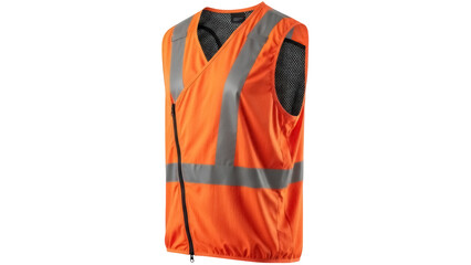 Bright orange safety vest with reflective stripes isolated PNG, high visibility workwear for construction and traffic control on transparent background