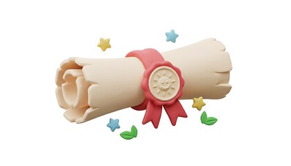 3D cartoon pastel certificate scroll with cream paper and red ribbon seal, smooth clay texture, cute minimal style, isolated on a white background.