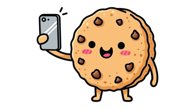 Selfie-Taking Cookie: An adorable, animated chocolate chip cookie with a cheerful smile, using a smartphone to capture a selfie, radiating a playful and lighthearted vibe.
