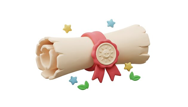 3D cartoon pastel certificate scroll with cream paper and red ribbon seal, smooth clay texture, cute minimal style, isolated on a white background.