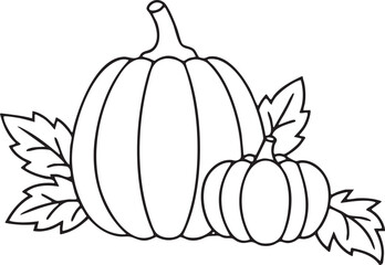 Two pumpkins with leaves silhouette isolated on transparent background