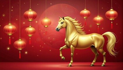 Illustration of golden horse zodiac animal on red festive background with lanterns symbolizing prosperity and good fortune for Chinese New Year. Isolated design.