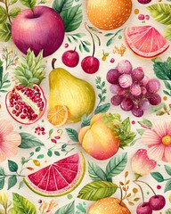 Vibrant watercolor fruit pattern illustration.