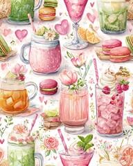 Colorful drinks and desserts pattern illustration.