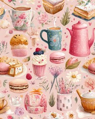 Colorful dessert and tea illustration.
