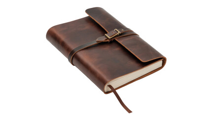 A rustic brown leather-bound journal featuring a strap with a metal buckle closure and a leather bookmark, ready for your thoughts. background removed
