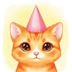 Obraz premium A cute ginger kitten with big sparkly eyes wears a pink party hat. This adorable cartoon animal illustration is perfect for a birthday celebration