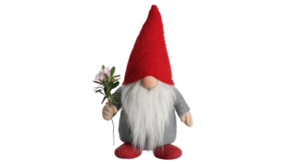 A charming festive gnome, featuring a vibrant red knitted hat, long white beard, and grey tunic, holds a delicate bouquet of pink flowers. background removed