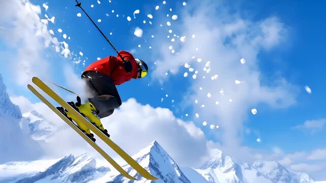 A vivid, actionpacked winter sports scene featuring a skier in midair against a backdrop of snowcovered mountains and a clear blue sky. The skier is captured in a dynamic pose.