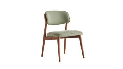 Elegant modern dining chair with light sage green upholstery and a curved wooden frame. Features comfortable cushioned seat and tapered legs. background removed