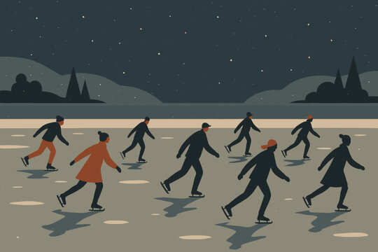 Skaters' Winter Evening. Winter evening glide minimalist flat illustration of multiple skaters crossing an
