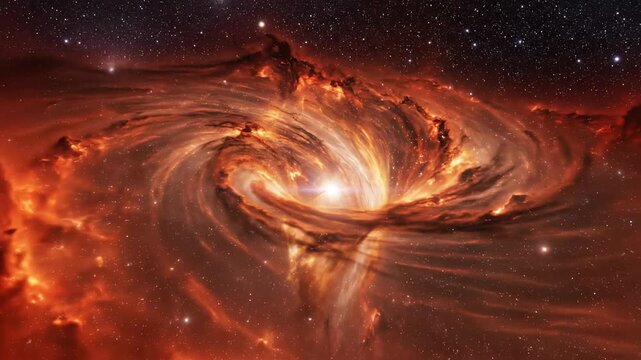 Cinematic wide shot of a colossal orange and deep red gaseous nebula rotating and pulling matter into an enormous cosmic storm vortex enormous, epic, formation