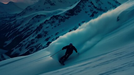 A vivid, highresolution digital artwork of a person skiing downhill on a snowy mountain slope during sunset. The sky is painted with a gradient of fiery oranges, reds, and purples.