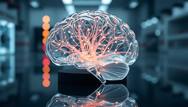 A 3D illustration of the human brain with a glowing blue light suggesting intelligence and technology in a medical scan of the head