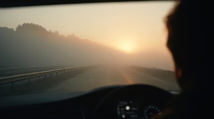 Driving On A Foggy Highway At Sunrise. Serene Morning Journey With Limited Visibility