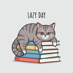 Naklejka premium A grumpy cartoon cat with stripes lounges lazily on a stack of colorful books, expressing boredom or disinterest