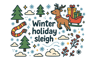Fototapeta premium Winter Sleigh Doodle. Winter holiday sleigh. Hand-drawn doodle illustration of Winter holiday sleigh. reindeer