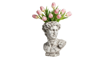 Pink tulips in a David bust vase isolated PNG, floral arrangement on transparent background for spring and romantic designs