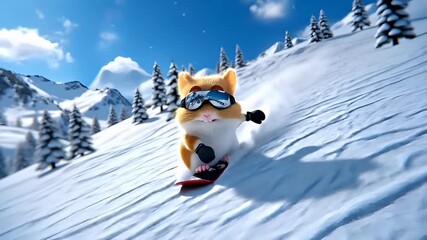 A 3D rendered, animated squirrel character skiing downhill on a snowy mountain slope. The squirrel is wearing goggles and is captured in a dynamic pose, suggesting motion.