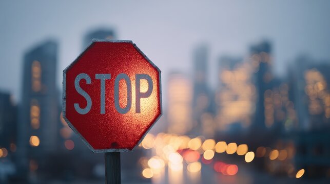 Stop Sign With Blurred Cityscape Background At Dusk. Urban Traffic Safety And City Life