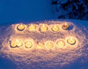 Warm tea light candles glowing brightly in a serene blanket of fresh winter snow at night creating
