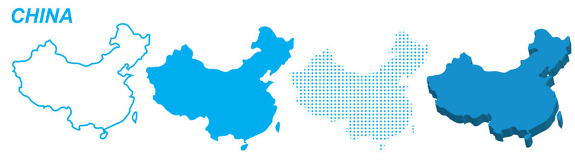 China Map Vector Set, Asian Outline Silhouette Dotted 3D Solid Shapes, China Country Infographic Template, Editable EPS China Geography