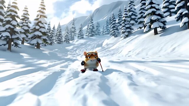 A 3D rendered, animated squirrel character skiing in a snowy landscape. The squirrel is depicted in a dynamic pose, with its front paws gripping the ski poles and its tail trailing behind.