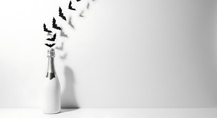 Halloween celebration with champagne bottle and flying black bats.