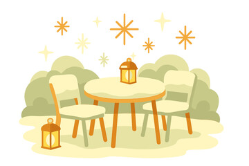 Obraz premium Cozy Snowy Patio. Frozen garden patio. Snow blankets an outdoor table with chairs, soft glowing lanterns and