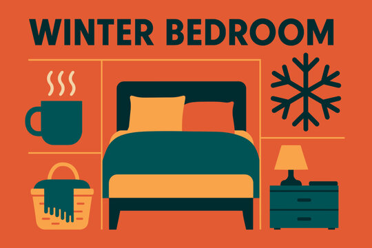 Cozy Winter Retreat. Winter bedroom aesthetic. Modern minimalist poster banner, bold sans-serif typography,