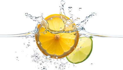 Yellow lemon slice splashing into clean fresh water for a healthy citrus fruit drink