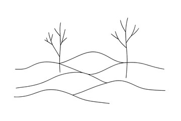 Minimalist Winter Landscape. Snowy scene abstract. Minimalistic one-line drawing layered snow mounds and