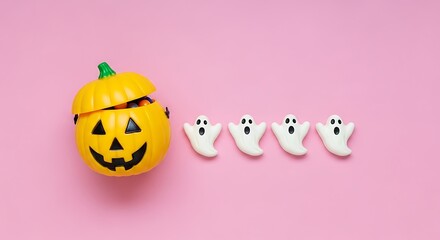 Happy halloween pumpkin bucket filled with candy and spooky ghosts.