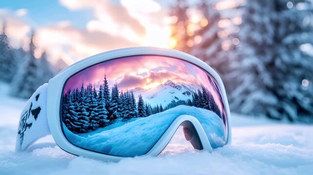 ski goggles with snowy mountain landscape at sunset.