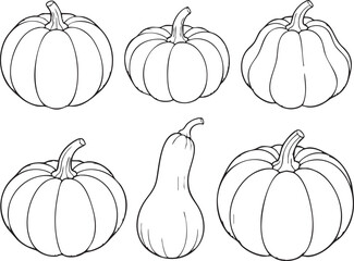 Collection of hand drawn pumpkin silhouettes isolated on transparent background