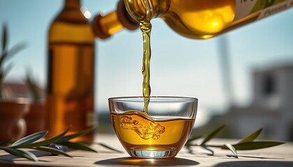 A glass of cold beer on a pub table with olive oil, olives, and vinegar for food