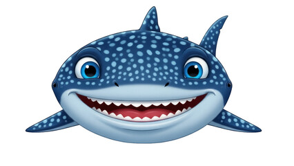 Smiling whale shark cartoon character PNG isolated on transparent background, cute marine animal with blue spots for kids design