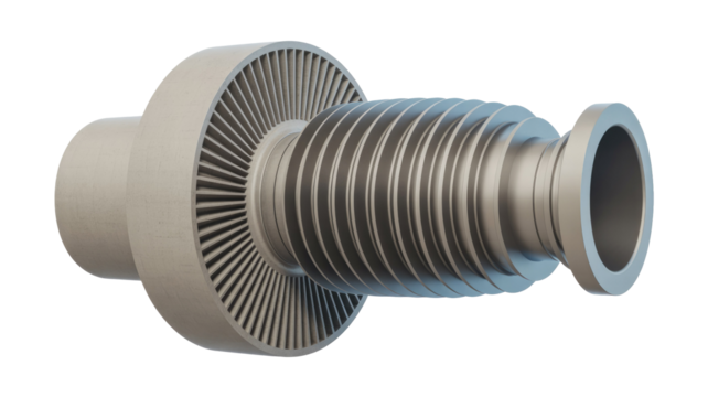 A 3D render of a complex industrial metallic component featuring turbine blades, a corrugated section, and a flanged end, for machinery. background removed
