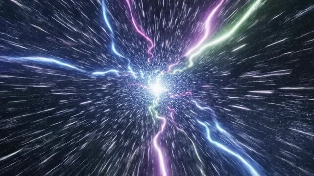 Deep space hyper-speed tunnel travel visualization with glowing neon light streaks creating a volumetric spatial warp effect light, science, abstract