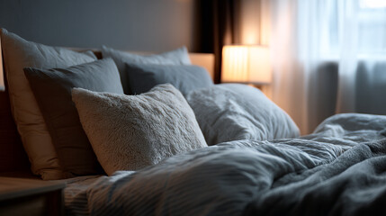 A close up of a bed with pillows and a blanket in a dimly lit bedroom at nighttime setting the mood