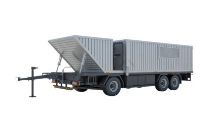 A specialized mobile container trailer with an open side panel, featuring a door, vent, and tandem axles, rendered on a transparent background. background removed