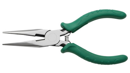 Needle nose pliers with green handles isolated PNG, precision hand tool for electronics and jewelry making on transparent background