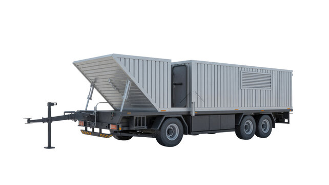 A specialized mobile container trailer with an open side panel, featuring a door, vent, and tandem axles, rendered on a transparent background. background removed