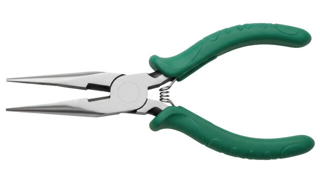 Needle nose pliers with green handles isolated PNG, precision hand tool for electronics and jewelry making on transparent background