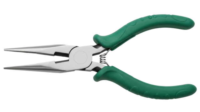 Needle nose pliers with green handles isolated PNG, precision hand tool for electronics and jewelry making on transparent background