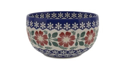 Stunning hand-painted ceramic bowl showcasing red floral and green leaf patterns, accented by traditional dark blue and white folk art motifs. background removed